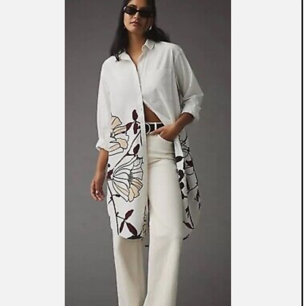 Anthropologie Maeve White Button-down Tunic w/Flower Detail on Front & Back NWT!
